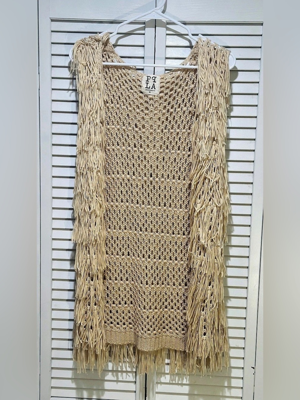 PPLA Flounder Fringe Vest M Tan Crochet Boho Western Festival Open Knit Long